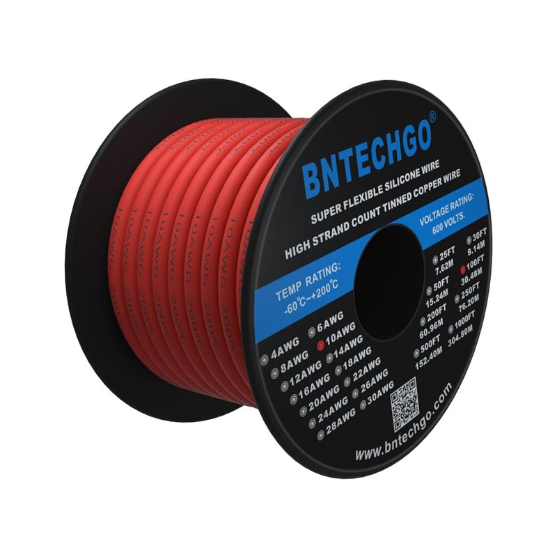 BNTECHGO 10 Gauge Silicone Wire Spool 100 ft Red Flexible 10 AWG Stranded Tinned Copper Wire - Image 2